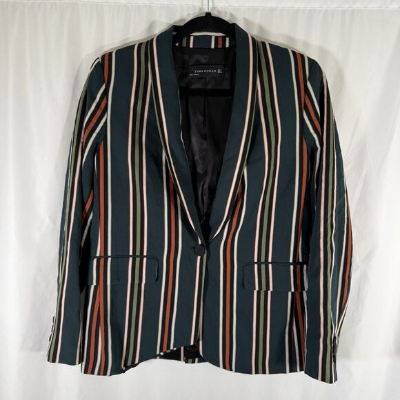 Zara Women Blazer Women's Small Green Striped Single Button Front Faux Pockets - Picture 1 of 9